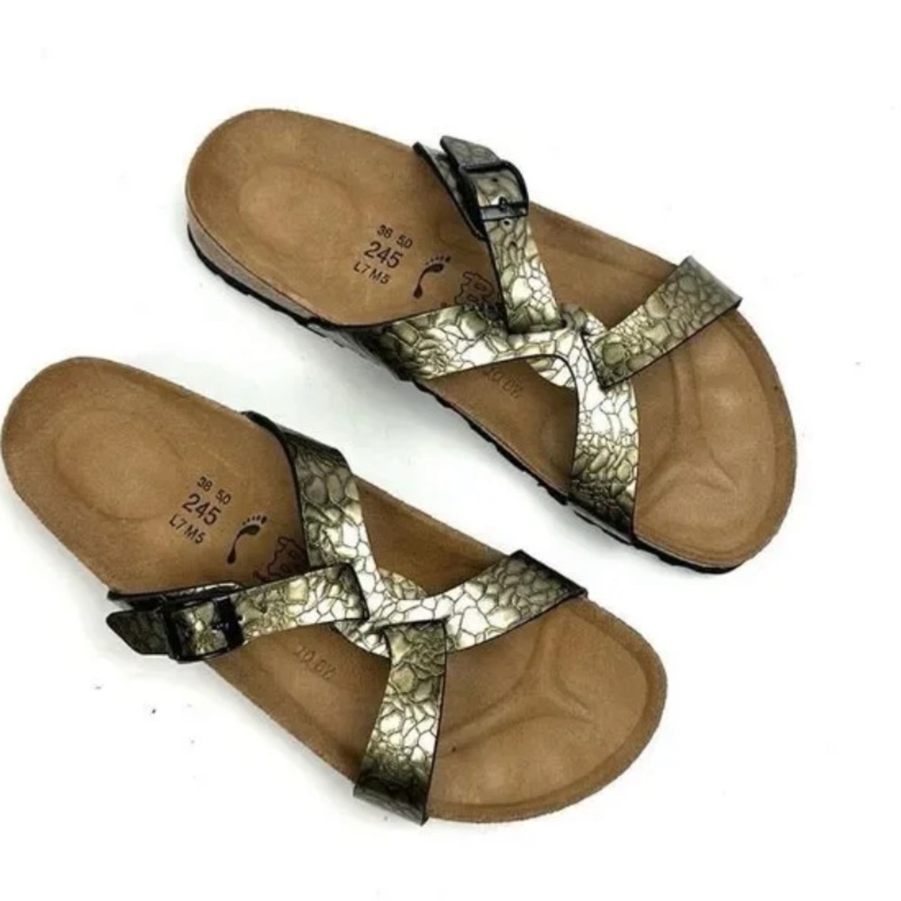 BIRKENSTOCK - Birki’s Sylt metallic green embossed criss cross sandals